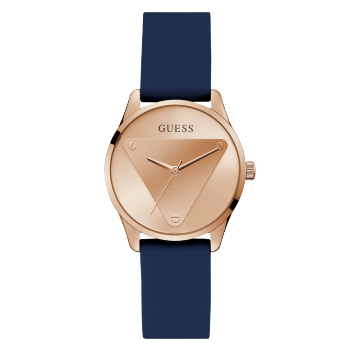 Guess rose gold wristwatch with navy silicone strap and rose gold mineral dial, front-facing on white background