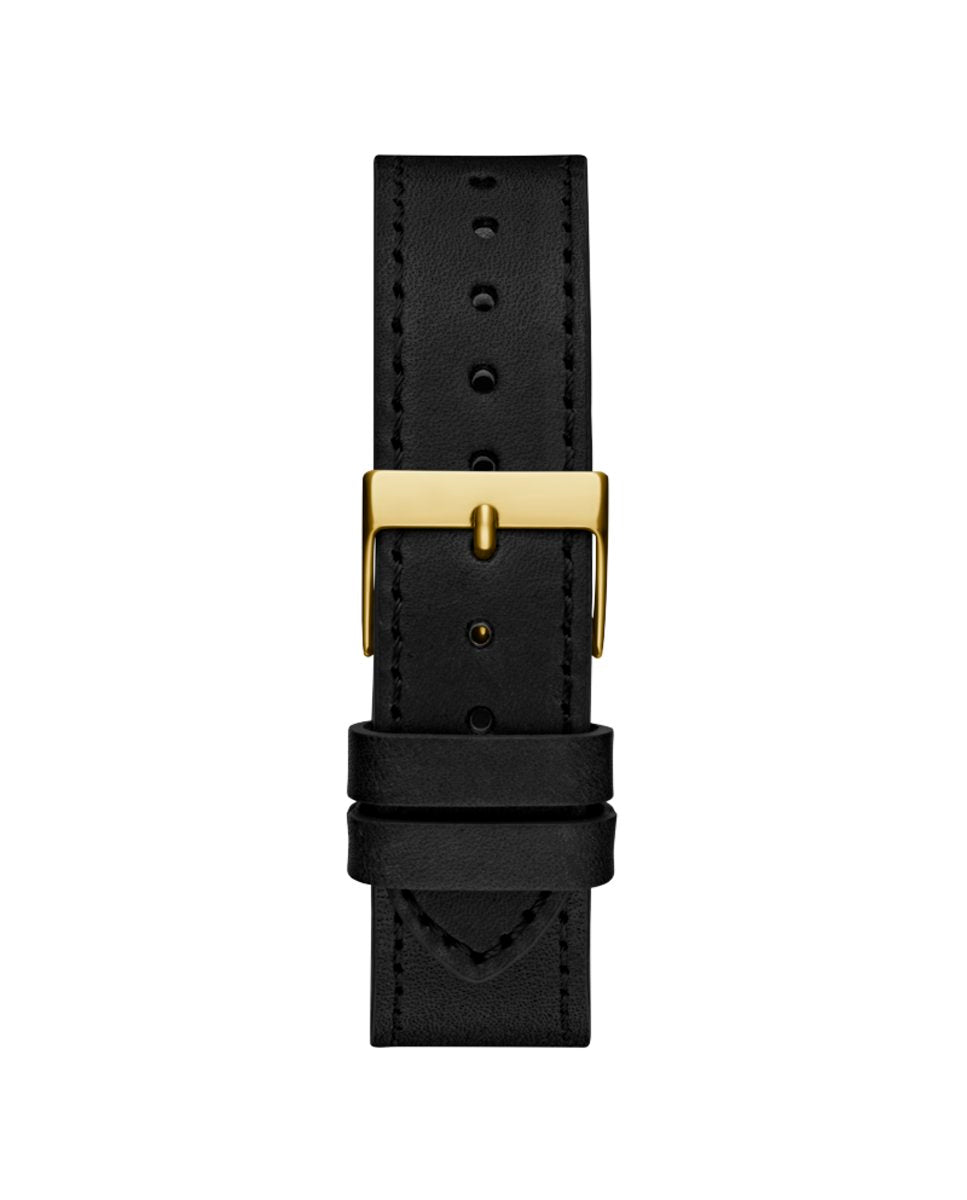 Gold stainless steel watch with black leather strap, crystal-set dial, 38mm case, quartz movement