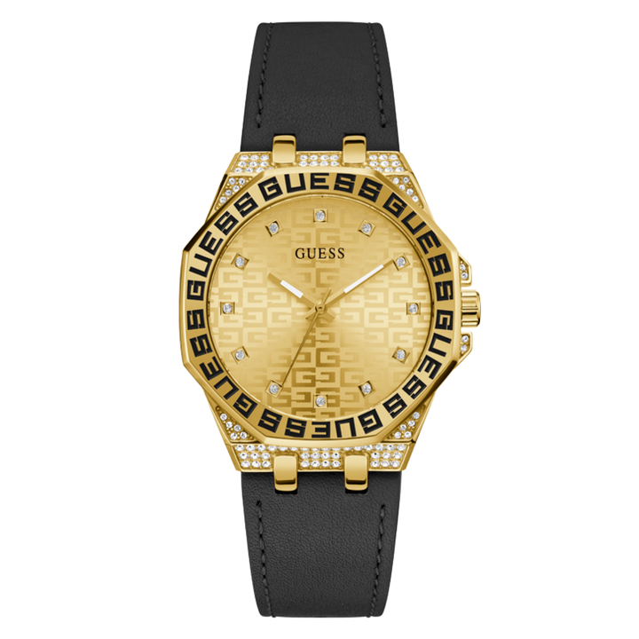 Gold stainless steel watch with black leather strap, crystal-set dial, 38mm case, quartz movement