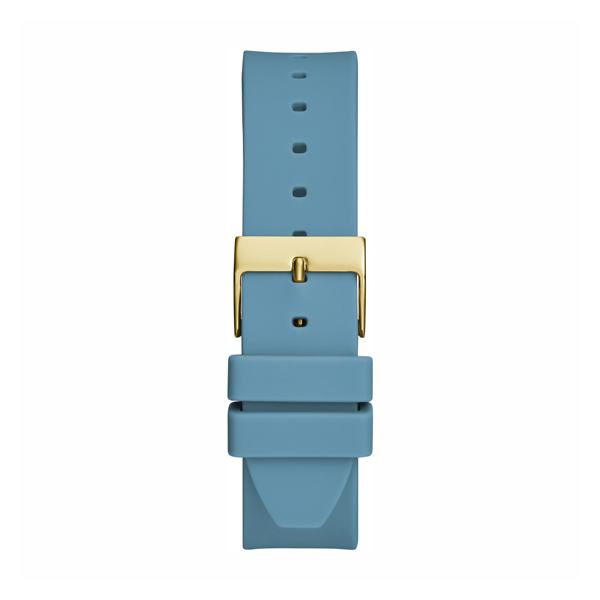 Light blue dial watch with gold accents, stainless steel case and adjustable silicone strap