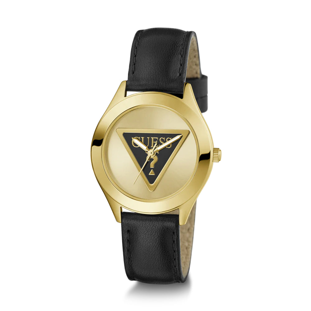 Gold case wristwatch with black mineral dial and leather strap, elegant dress watch for Man