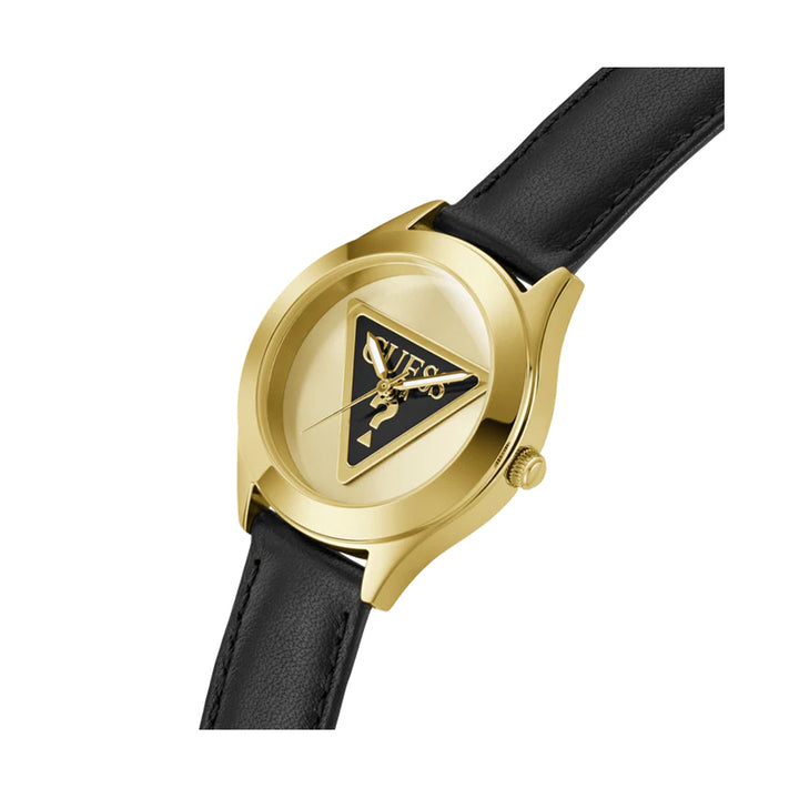 Gold case wristwatch with black mineral dial and leather strap, elegant dress watch for Man