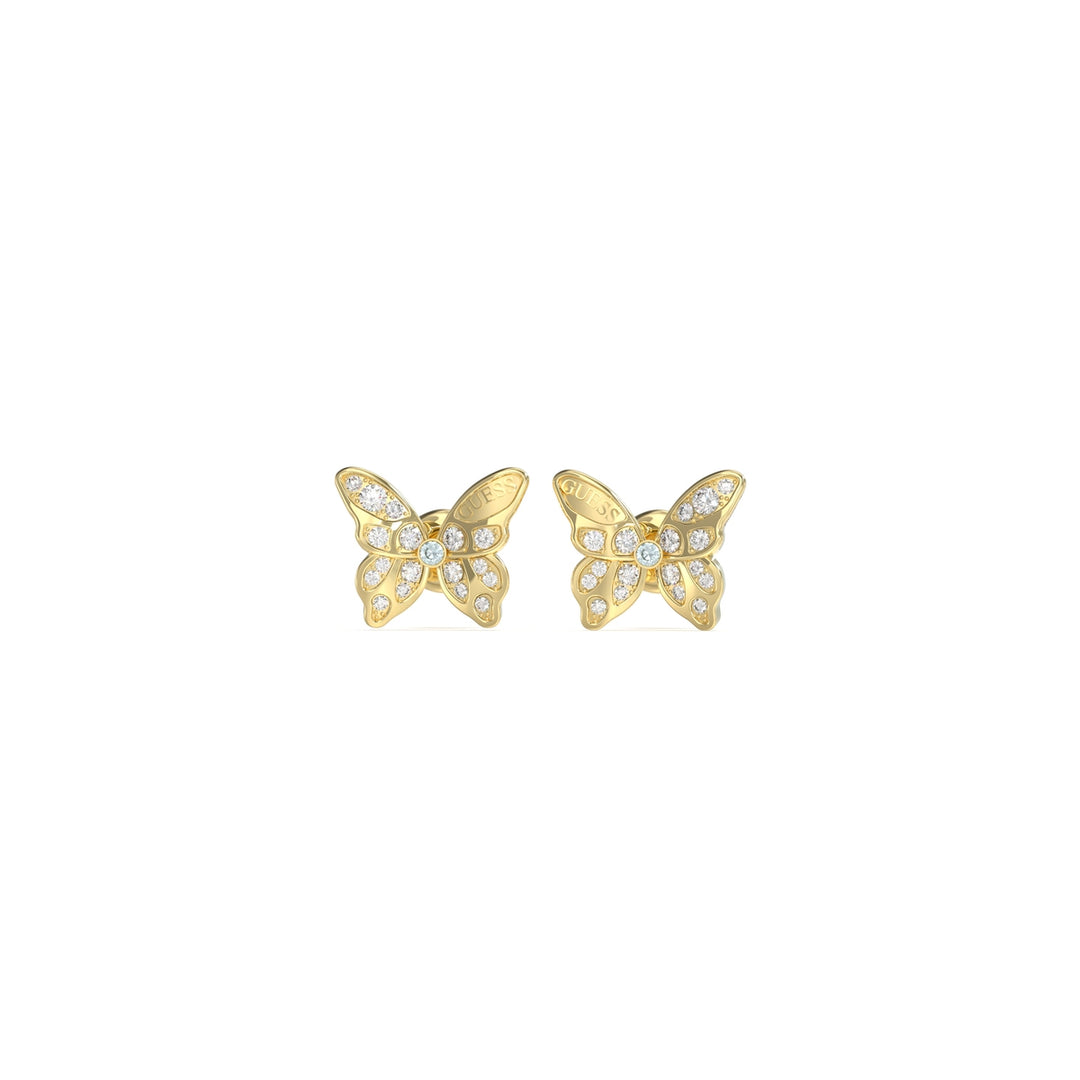 Gold butterfly stud earrings with clear stones on a white background, front view