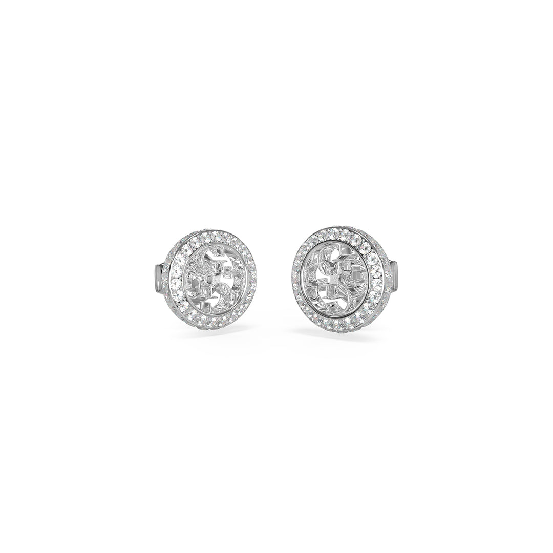 Silver round stud earrings with clear stones and intricate inner motif on light background