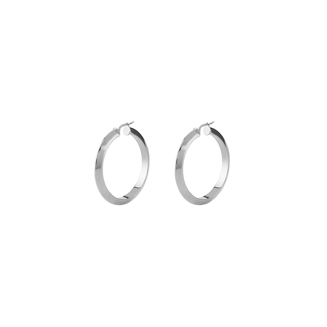 Pair of polished silver hoop earrings with smooth surface and clasp closure on white background
