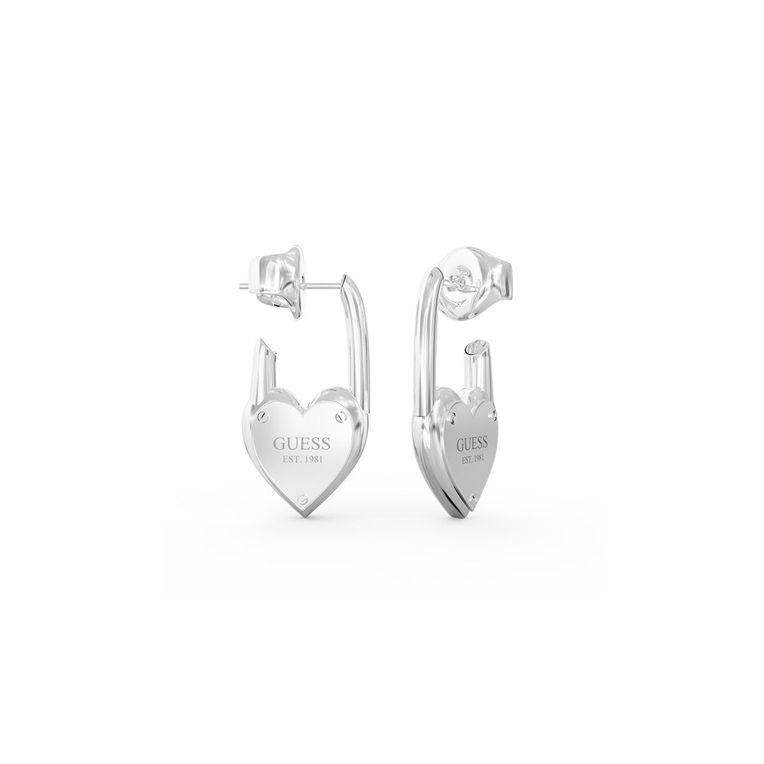 Pair of silver heart stud earrings with small screw-detail accents on each charm, polished finish