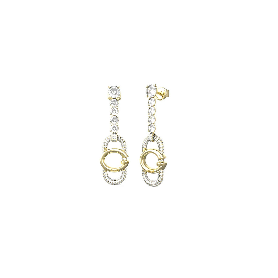 Gold-tone dangling earrings with clear crystals and subtle logo detail on white background