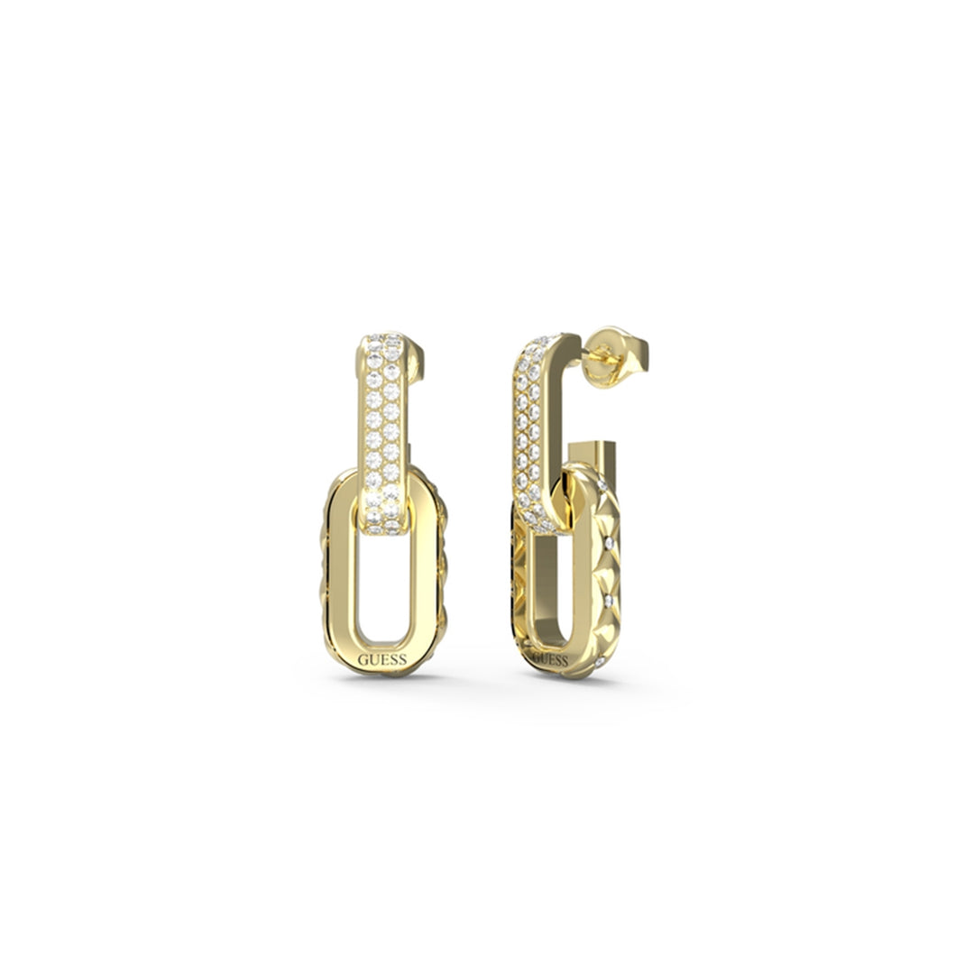 Gold linked oval drop earrings for Women with textured surface and rhinestone accents, two ovals connected