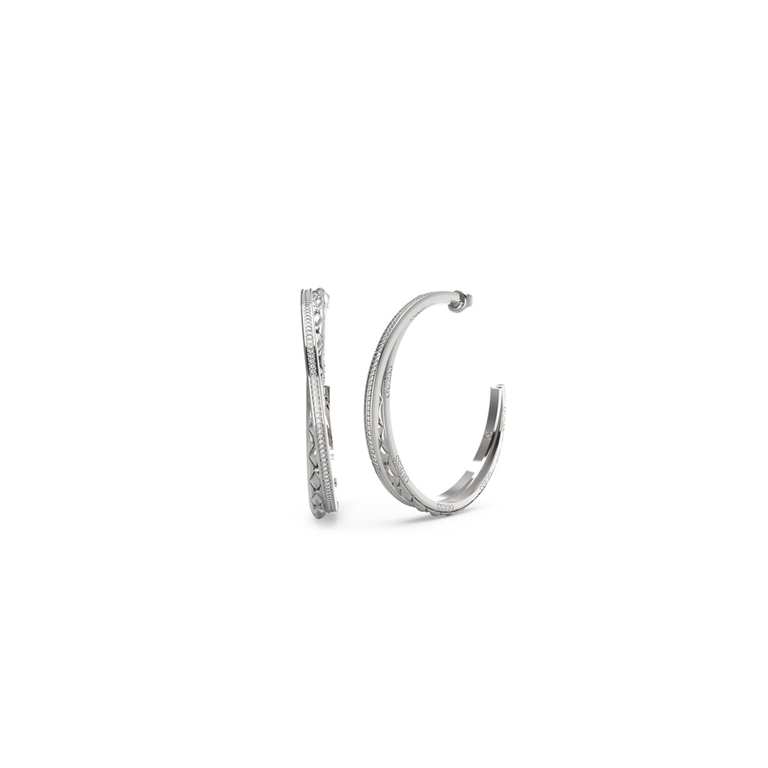 Pair of silver-tone textured hoop earrings with engraved pattern and hinge closure, modern design for Women