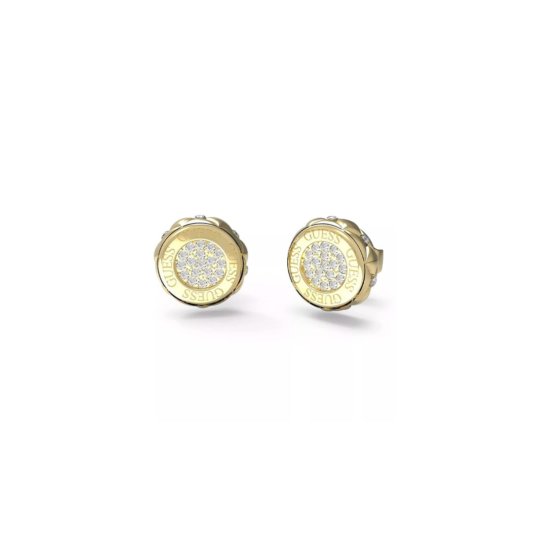 Pair of gold round stud earrings with clear stones and engraved halo detail on gold metal