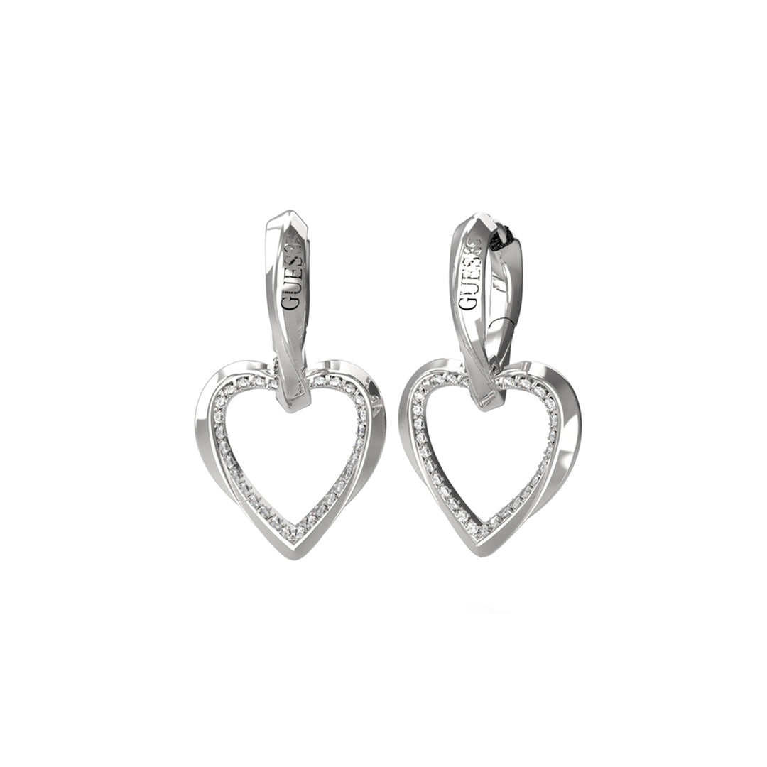 Silver twisted hoop earrings featuring heart motif and embedded crystals on white background for Women