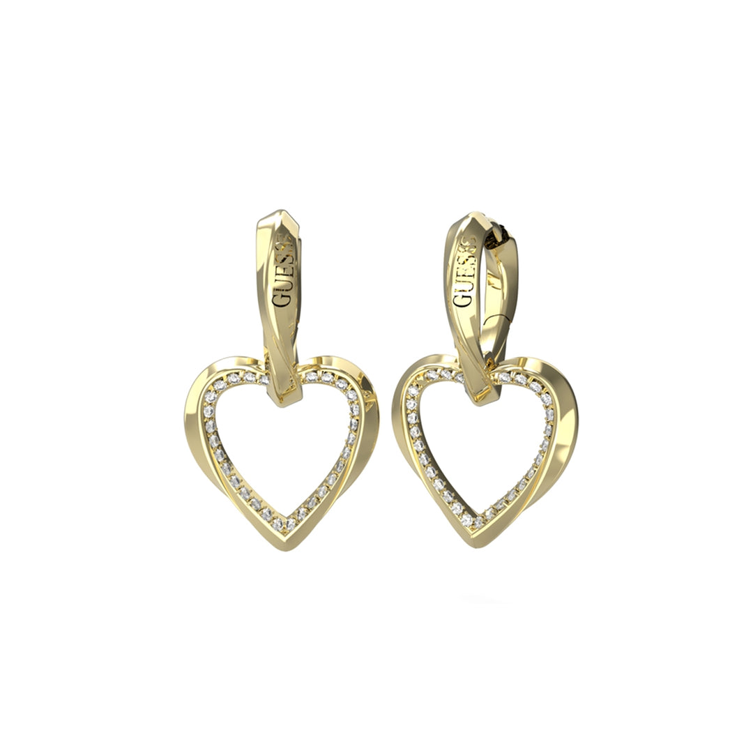 Pair of gold heart stud earrings set with small clear stones on a neutral background for Women