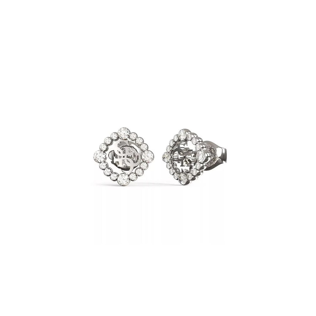 Pair of silver stud earrings with round gemstones arranged in a square cluster on white background
