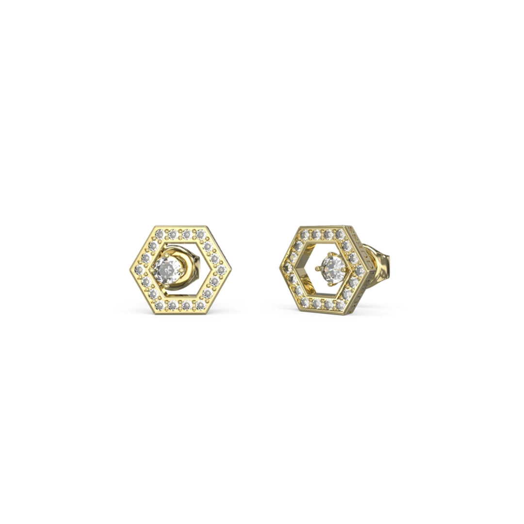Gold hexagon stud earrings with pavé diamonds set in geometric frames on white background