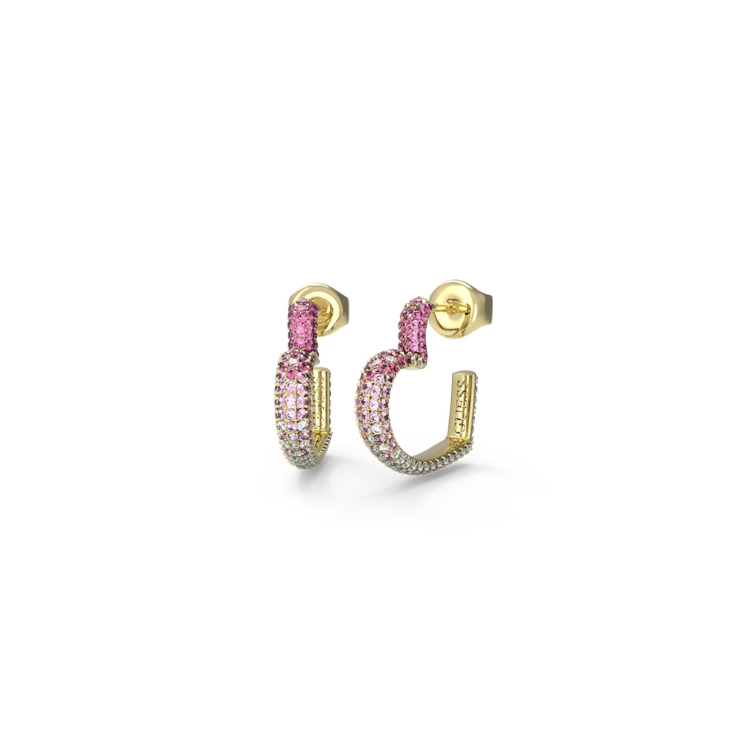 Gold-tone small hoop earrings with pink and blue pavé gemstones, stud closures, sparkling elegant design for Women
