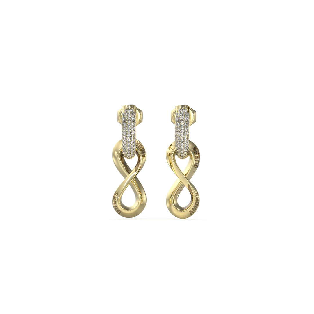 Gold infinity-shaped earrings with pavé stones on polished metal, photographed on white background