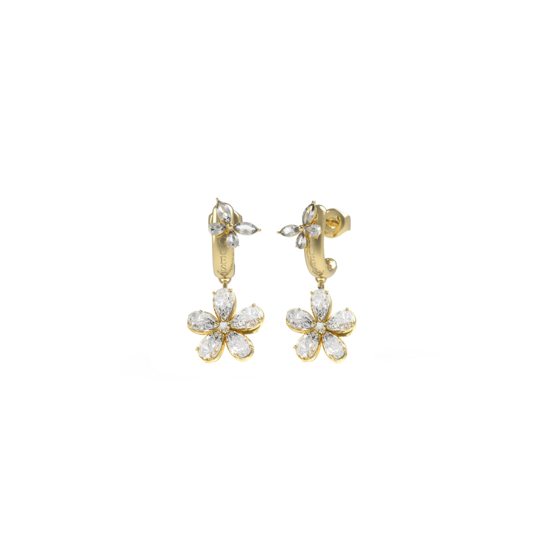 Gold flower-shaped drop earrings with clear gemstones and dangling links on white background