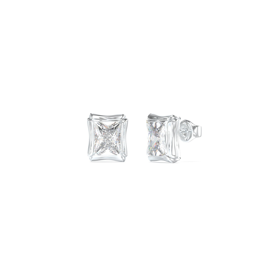 Pair of silver stud earrings with square-cut faceted clear crystals on white background