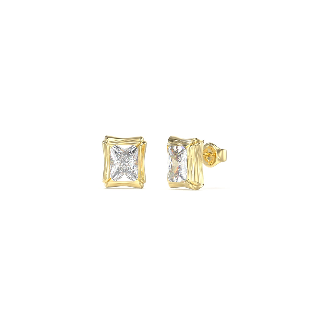 Pair of gold square stud earrings with clear faceted gemstones on white background, front view