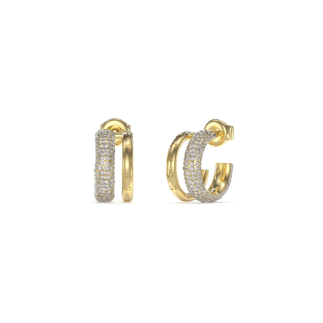 Gold and silver hoop earrings encrusted with pave crystals, stud backings, elegant sparkling finish
