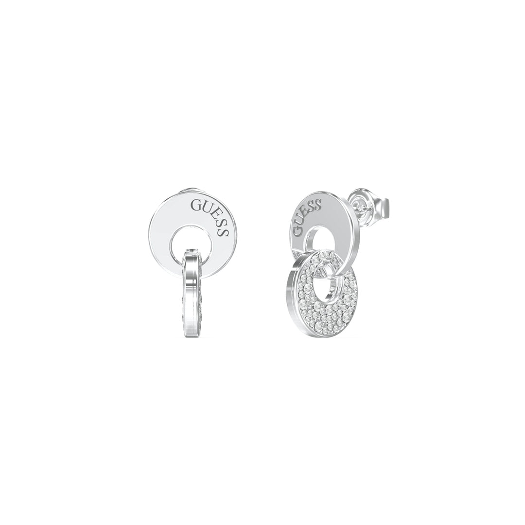 Silver linked circle drop earrings for Women; one circle set with crystals and engraved logo