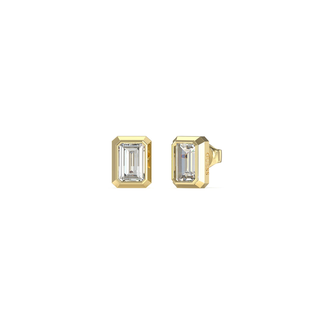 Pair of gold-toned stud earrings with rectangular clear gemstones on white background, geometric modern design.