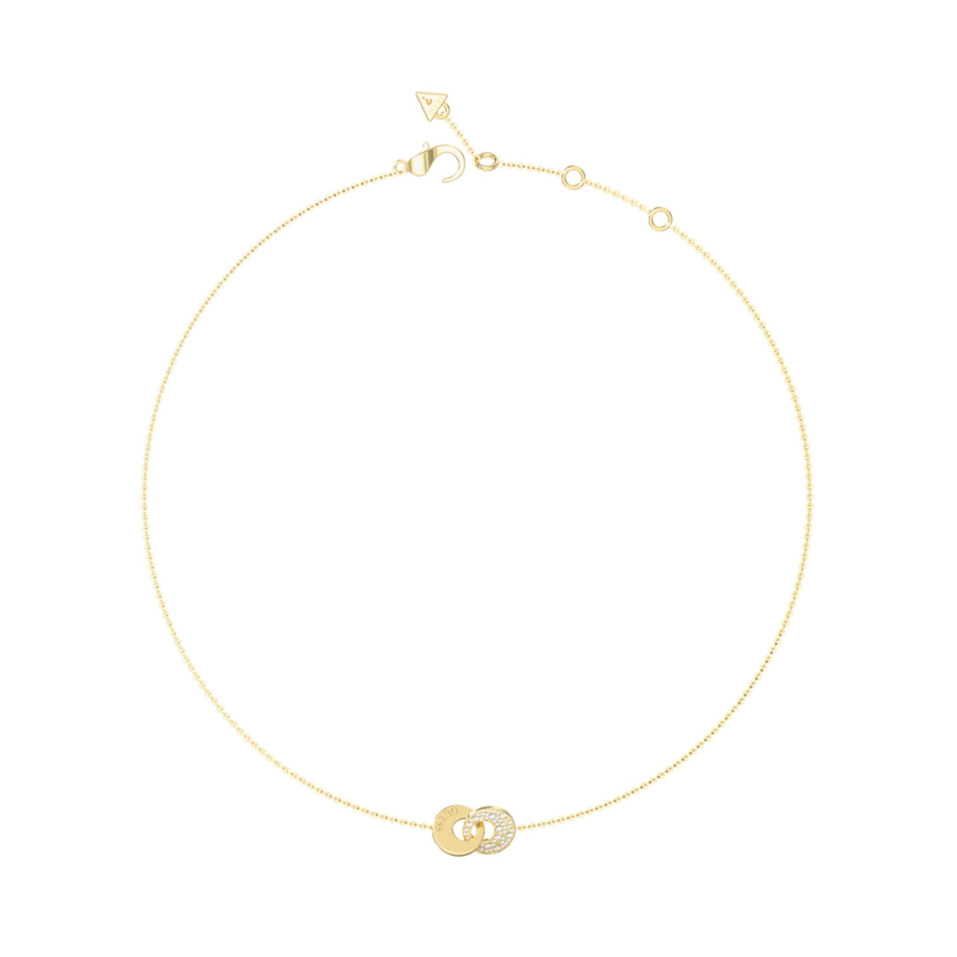 Gold pendant necklace with two interlocking rings, one ring studded with small stones, on fine chain