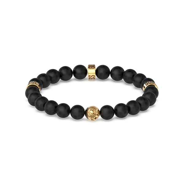 Matte black round bead bracelet with gold engraved accent beads on stretch cord, modern minimalist style