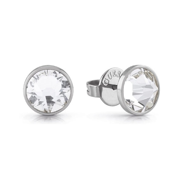 Pair of silver stud earrings with round faceted clear crystals set in polished metal