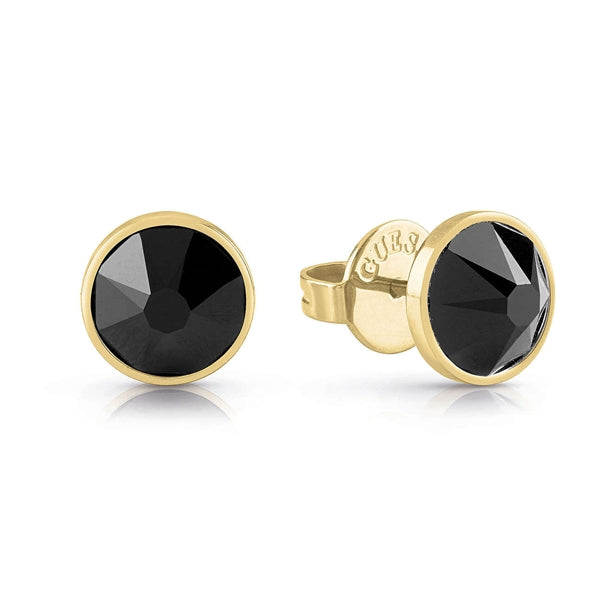 Unisex gold-tone round stud earrings featuring faceted black stones, close-up on polished finish and posts