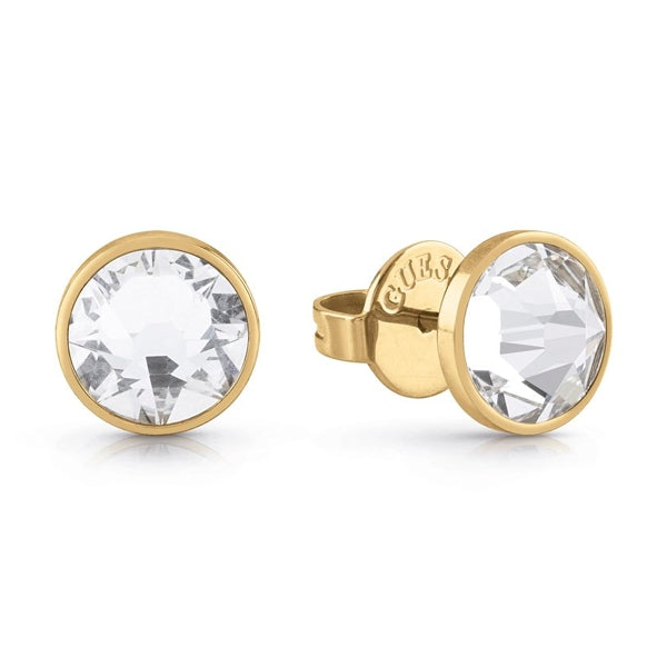Pair of gold-tone stud earrings set with round clear crystals, showing engraved backs and posts
