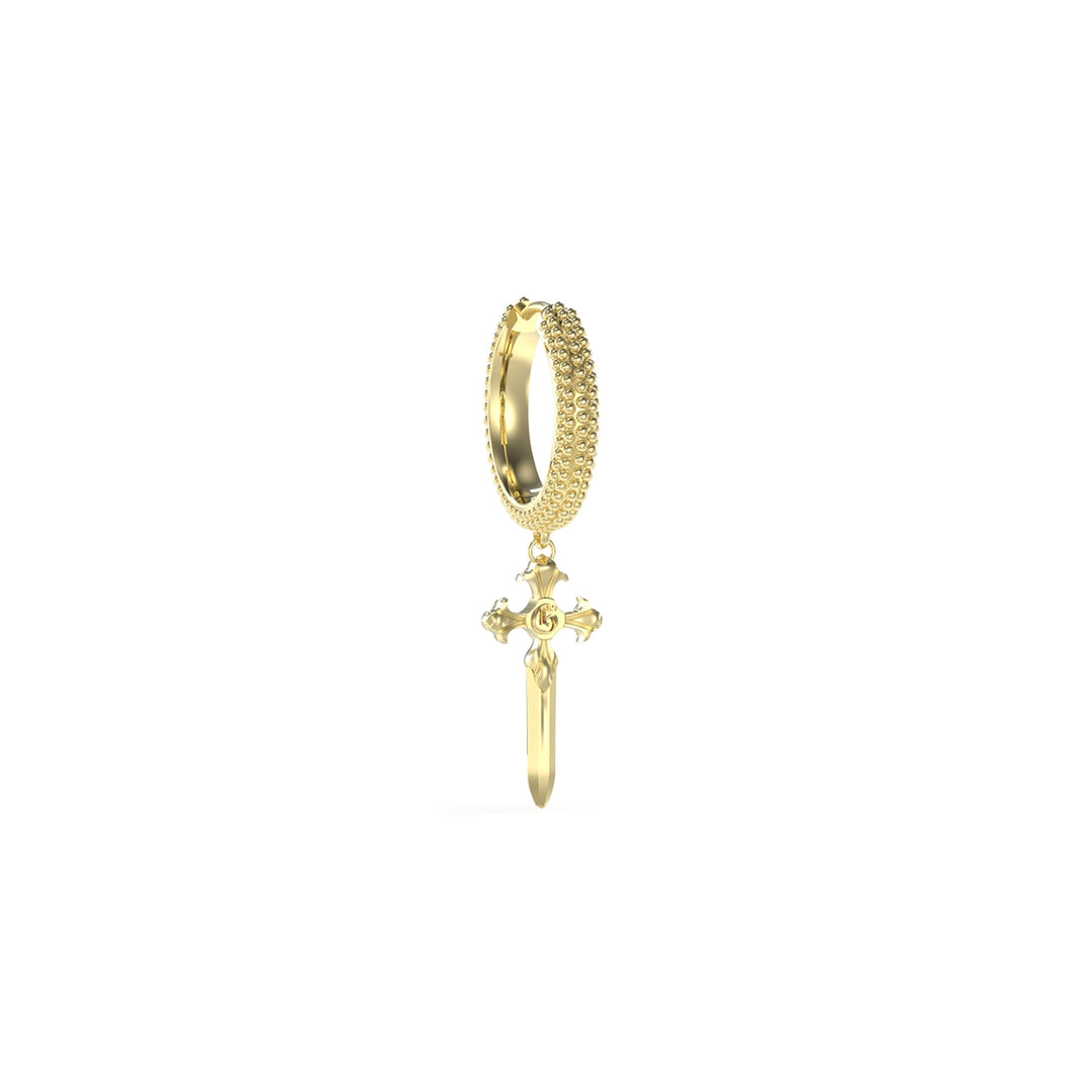 Gold cross drop earrings with beaded textured detail and polished finish on display