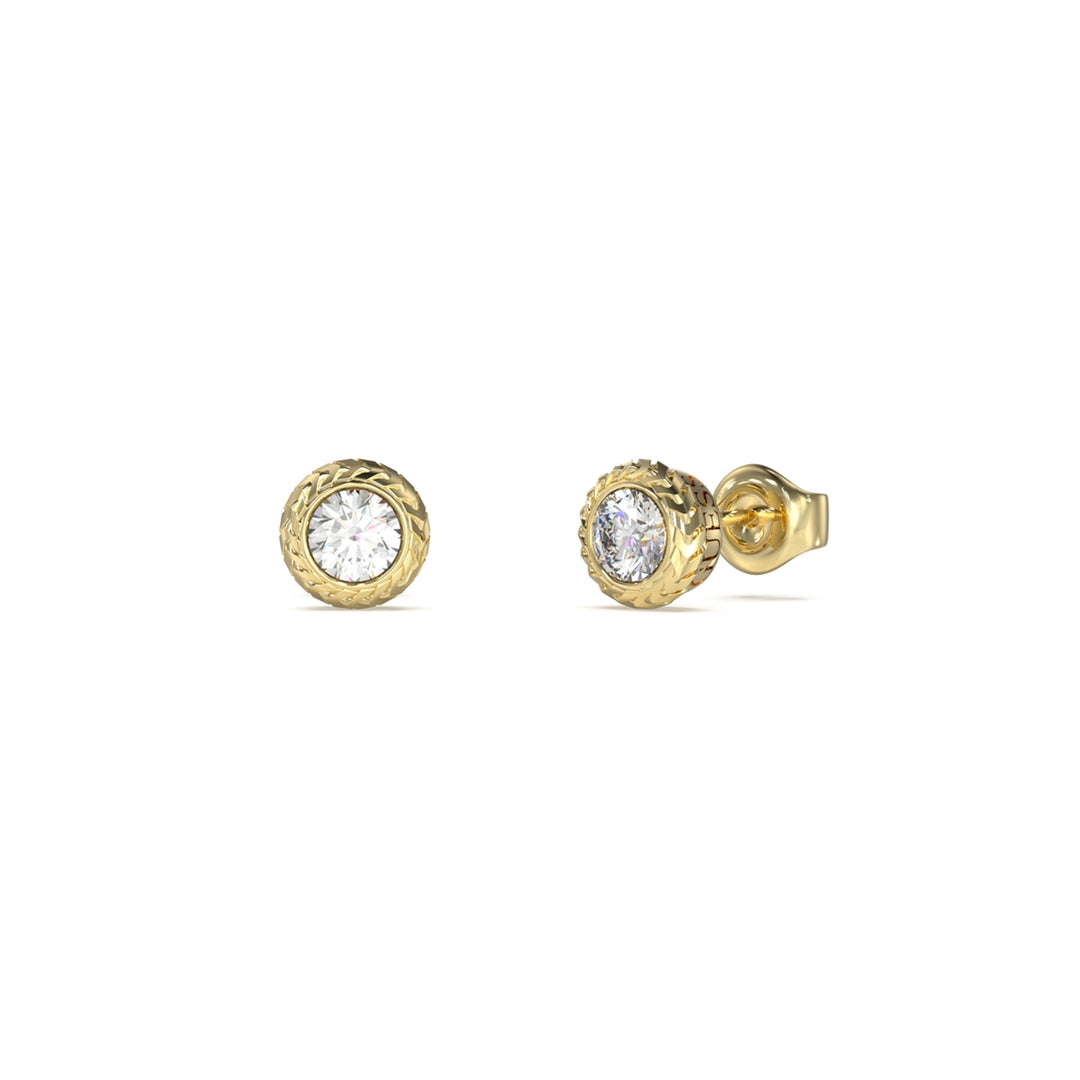 Gold round stud earrings with clear gemstone centers and textured edges on white background for Women