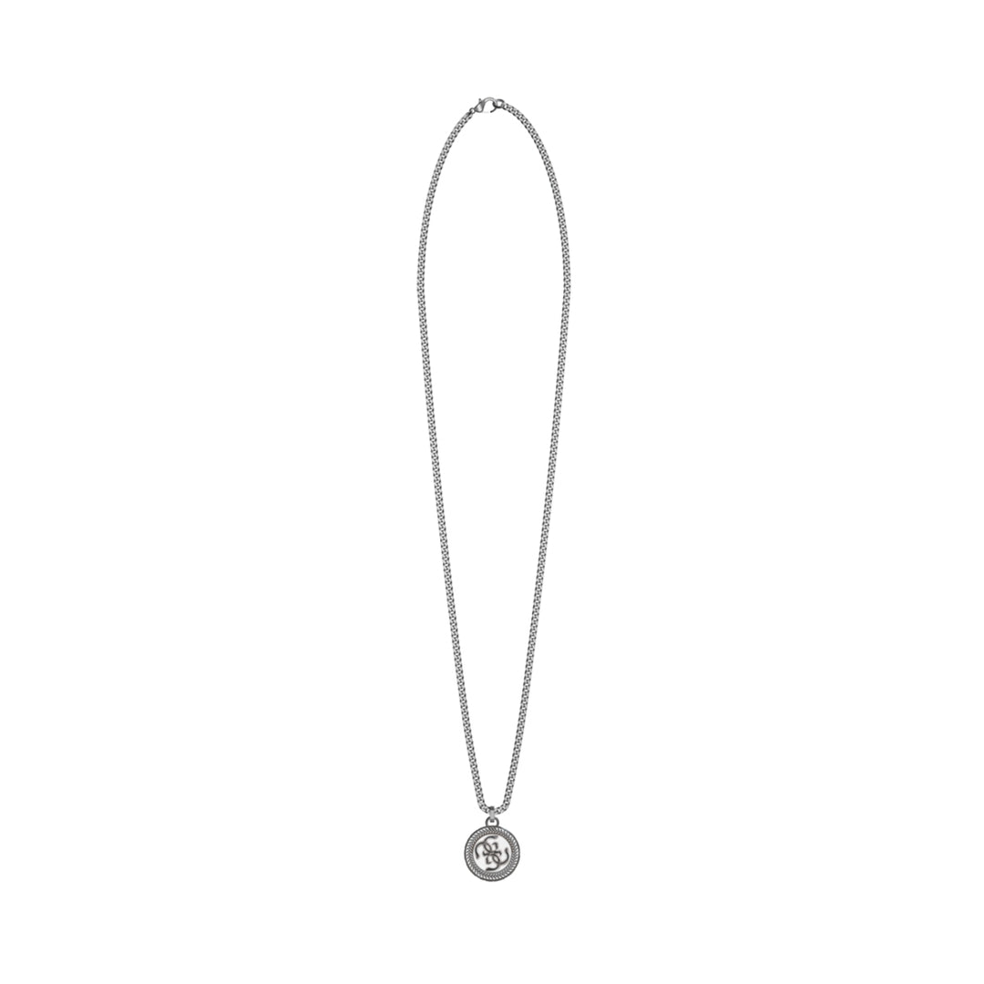 Unisex silver chain necklace with round pendant and lobster clasp on neutral background