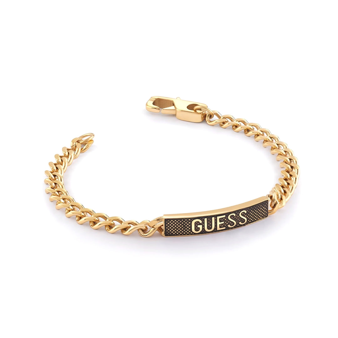 Gold-tone chain bracelet with rectangular textured logo plate and secure clasp on neutral background