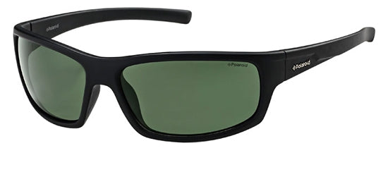 Black acetate wrap sunglasses with curved frame and green polarized lenses, sporty profile for Man