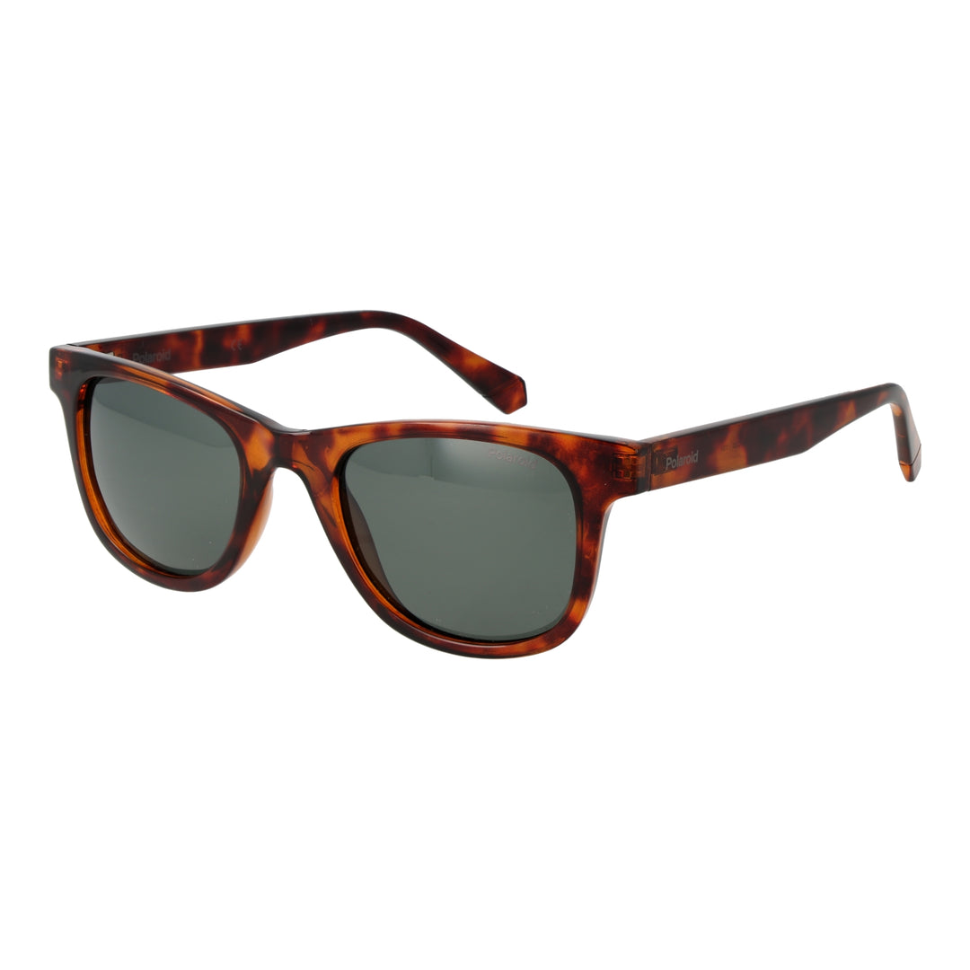 Unisex tortoise shell rectangular sunglasses in plastic frame with dark polarized lenses on white background