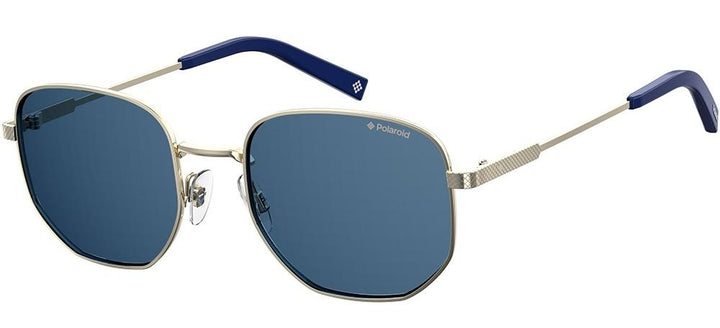Unisex gold metal sunglasses with blue geometric lenses and blue temple tips, textured temple arms