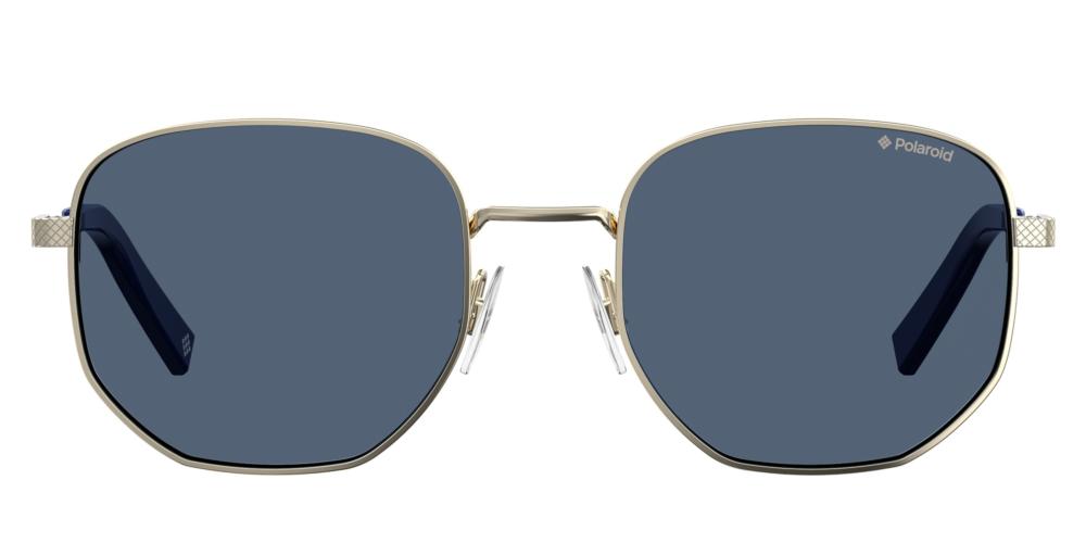 Unisex gold metal sunglasses with blue geometric lenses and blue temple tips, textured temple arms