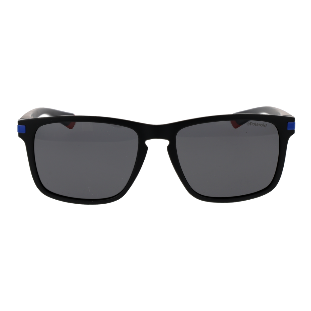Black sporty rectangular sunglasses with blue and red accents, textured temple arms, polarized lenses