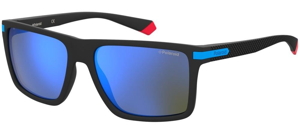 Black rectangular sunglasses with blue polarized lenses and red temple accents, textured temple tips visible