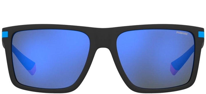 Black rectangular sunglasses with blue polarized lenses and red temple accents, textured temple tips visible