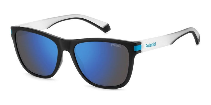 Unisex black and white wayfarer sunglasses with blue mirrored polarized lenses and logoed temple, front three-quarter view.