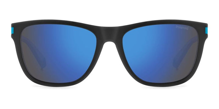 Unisex black and white wayfarer sunglasses with blue mirrored polarized lenses and logoed temple, front three-quarter view.