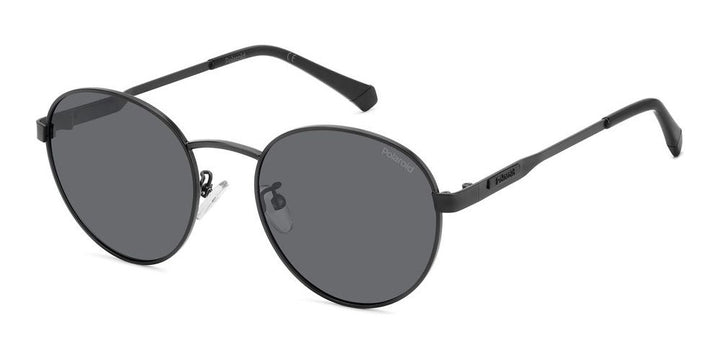 Black metal round sunglasses with polarized lenses and adjustable nose pads on white background