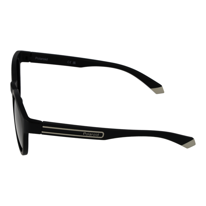 Black Unisex round sunglasses in plastic frame with polarized lenses and silver temple stripes, angled view showing logo
