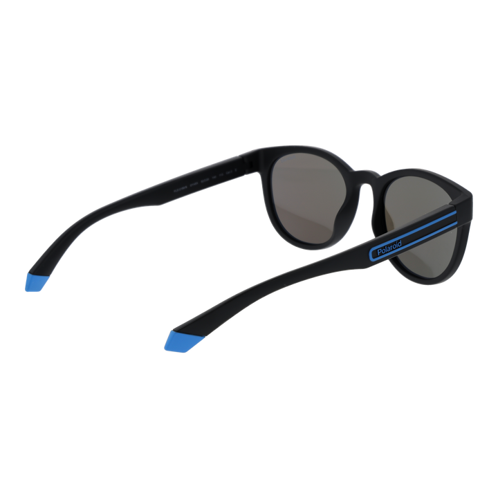 Black round sunglasses with blue polarized lenses and two blue stripes on the arms, Unisex casual style