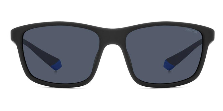 Black rectangular sport sunglasses with blue accents, polarized lenses and Polaroid logo on temples and lens