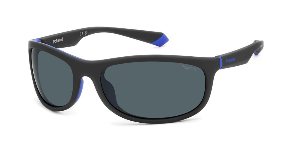 Black-and-blue sporty plastic sunglasses with curved frame, polarized lenses and logo on temples and lens