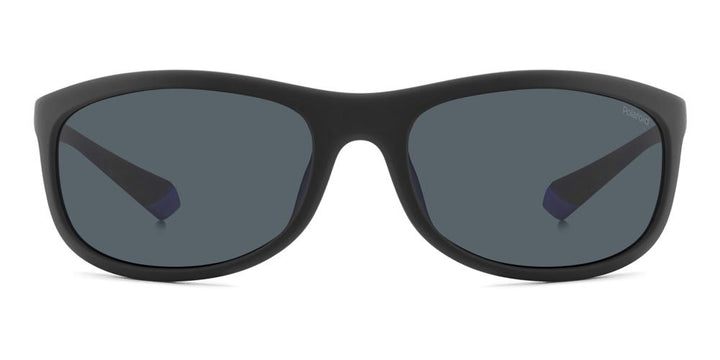 Black-and-blue sporty plastic sunglasses with curved frame, polarized lenses and logo on temples and lens